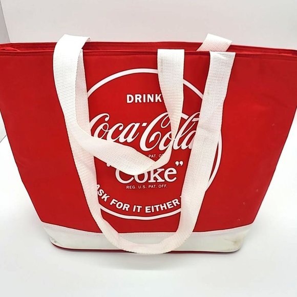 Red & White Coca-Cola Tote Handbag Two Shoulder Handles Zipper Closure - Picture 2 of 8